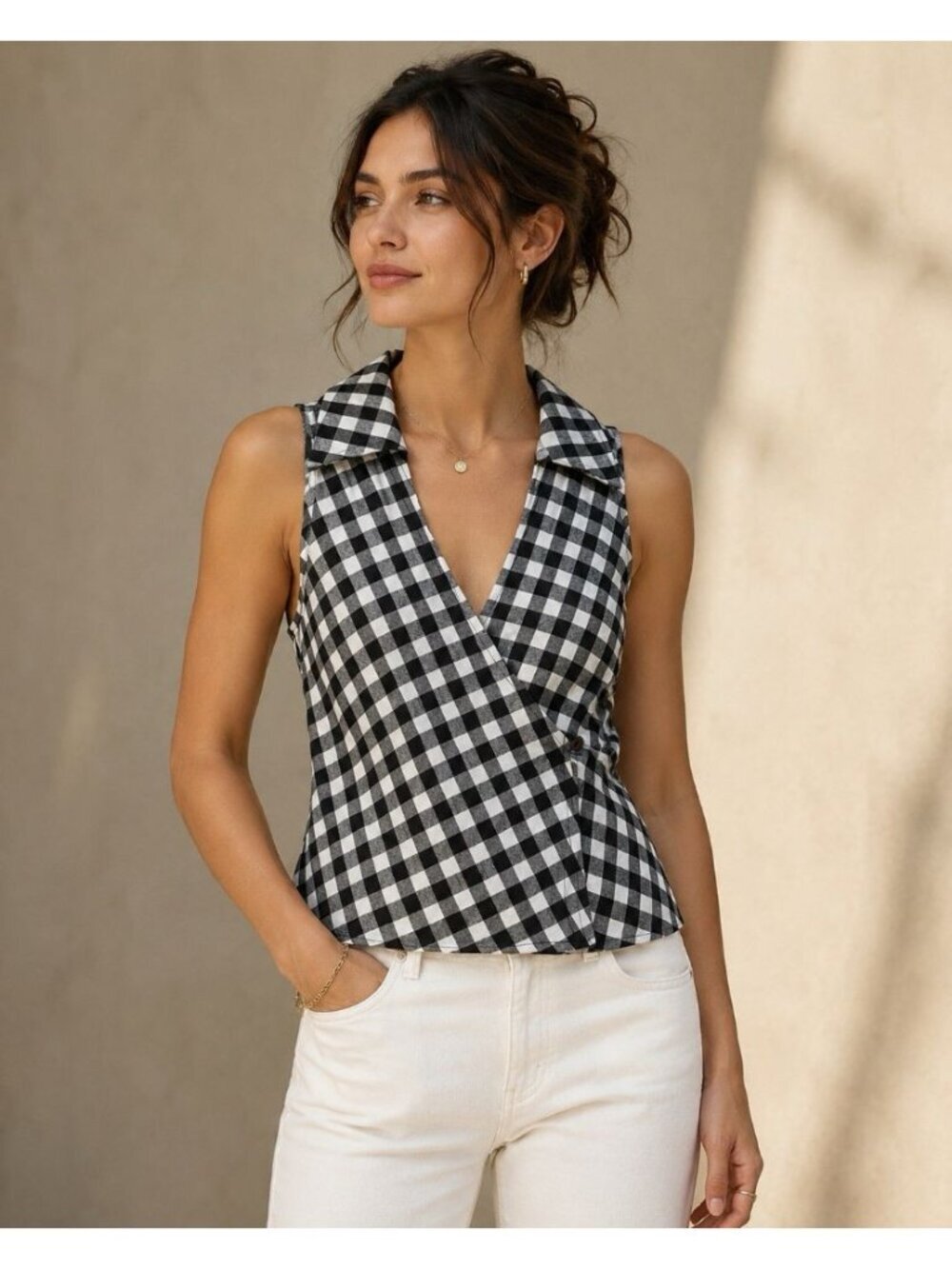 Maeve Anthropologie Plaid Wrap Shirt sz 0 Black White Check Sleeveless Top gingh
